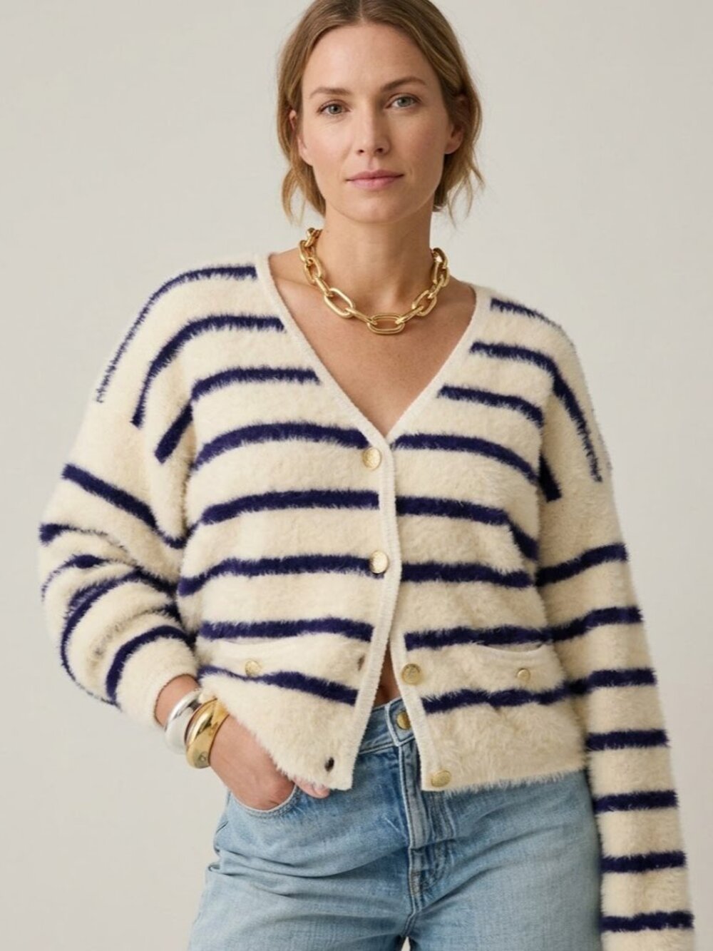 J. Crew Sweater Lady Jacket in Striped Brushed Yarn